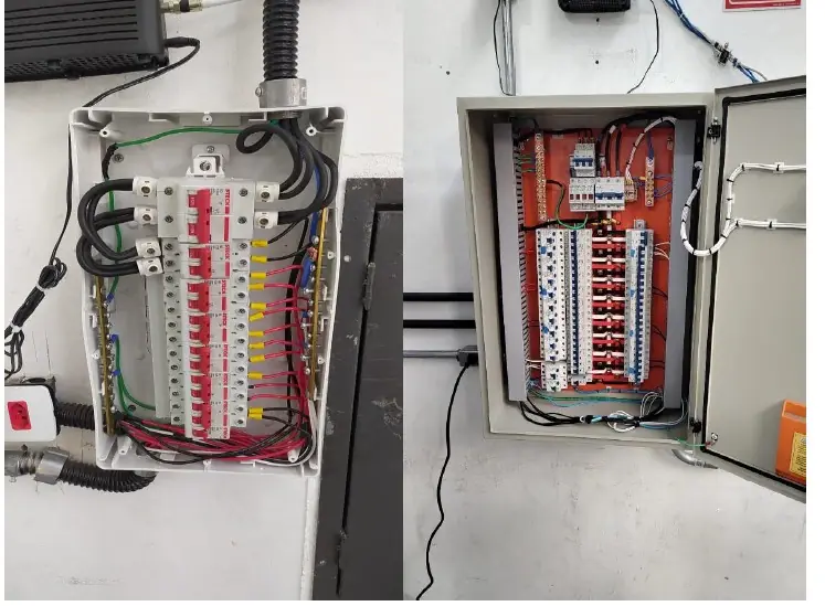 Quadro elétrico antes e depois da reorganização feita pela Aziz